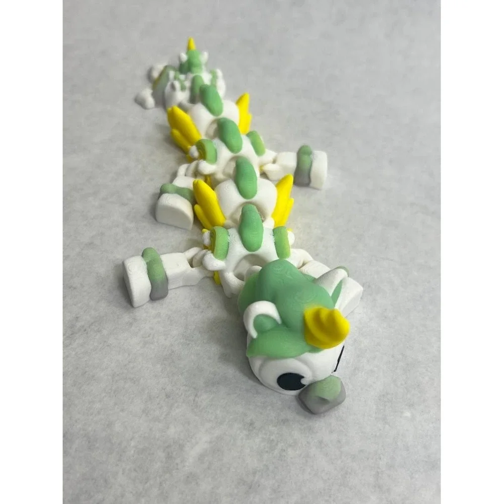3D Printed Articulated Mini Unicorn Dragon Fidget Toy Green White Yellow 5.5
